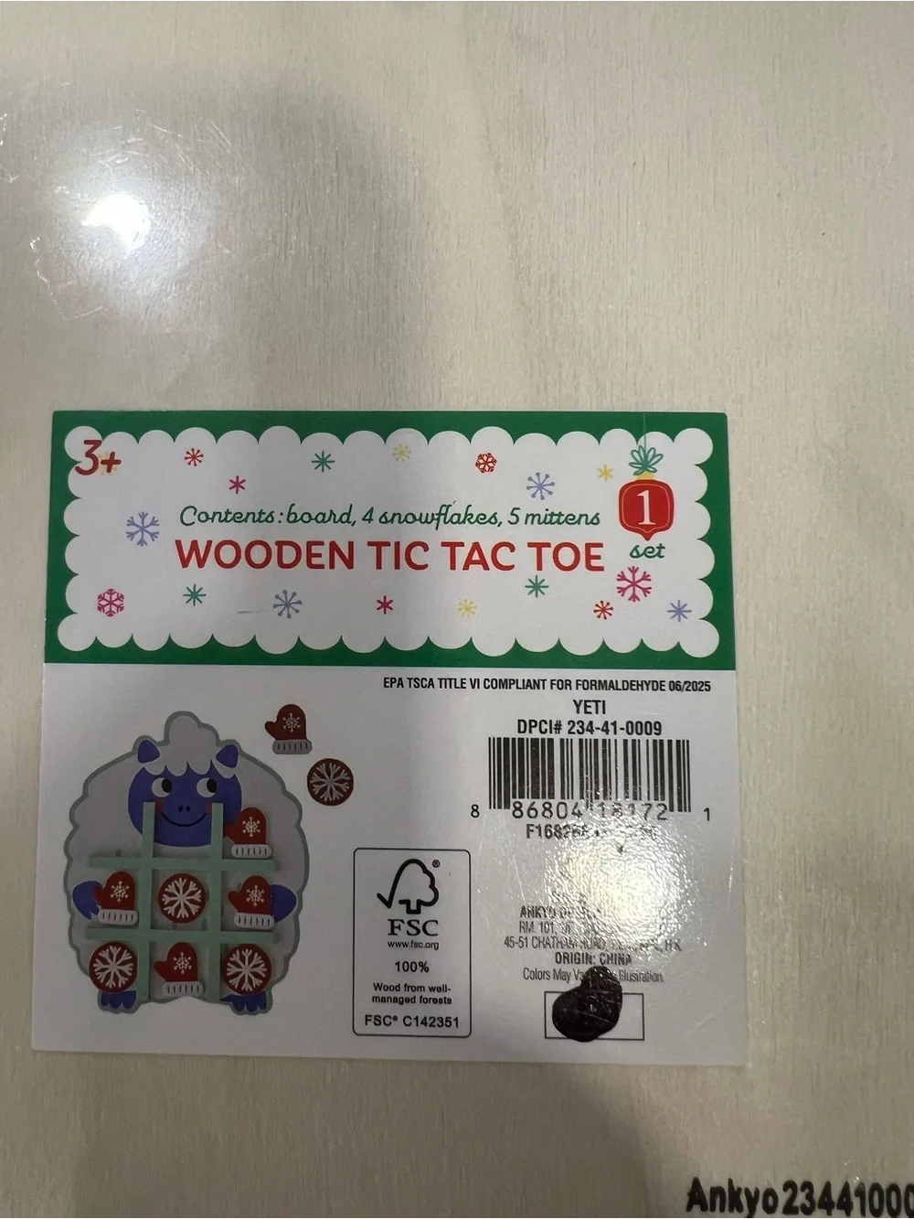 Yeti Wooden Tic Tac Toe Game with Green Border and Red Tokens